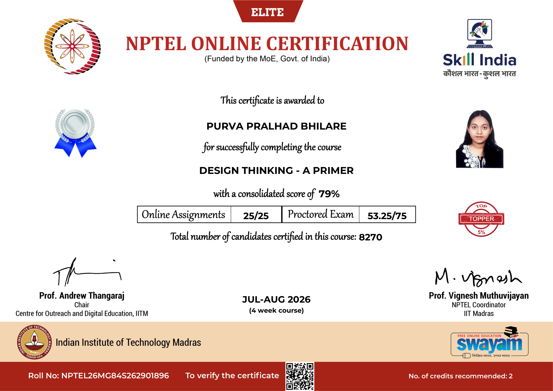 NPTEL Certificate NOC-3KYE-CPG8-TC9H3