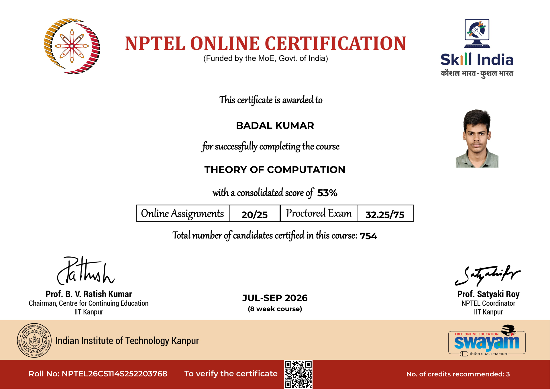 NPTEL Certificate NOC-4EQV-1TFV-Z1FE8