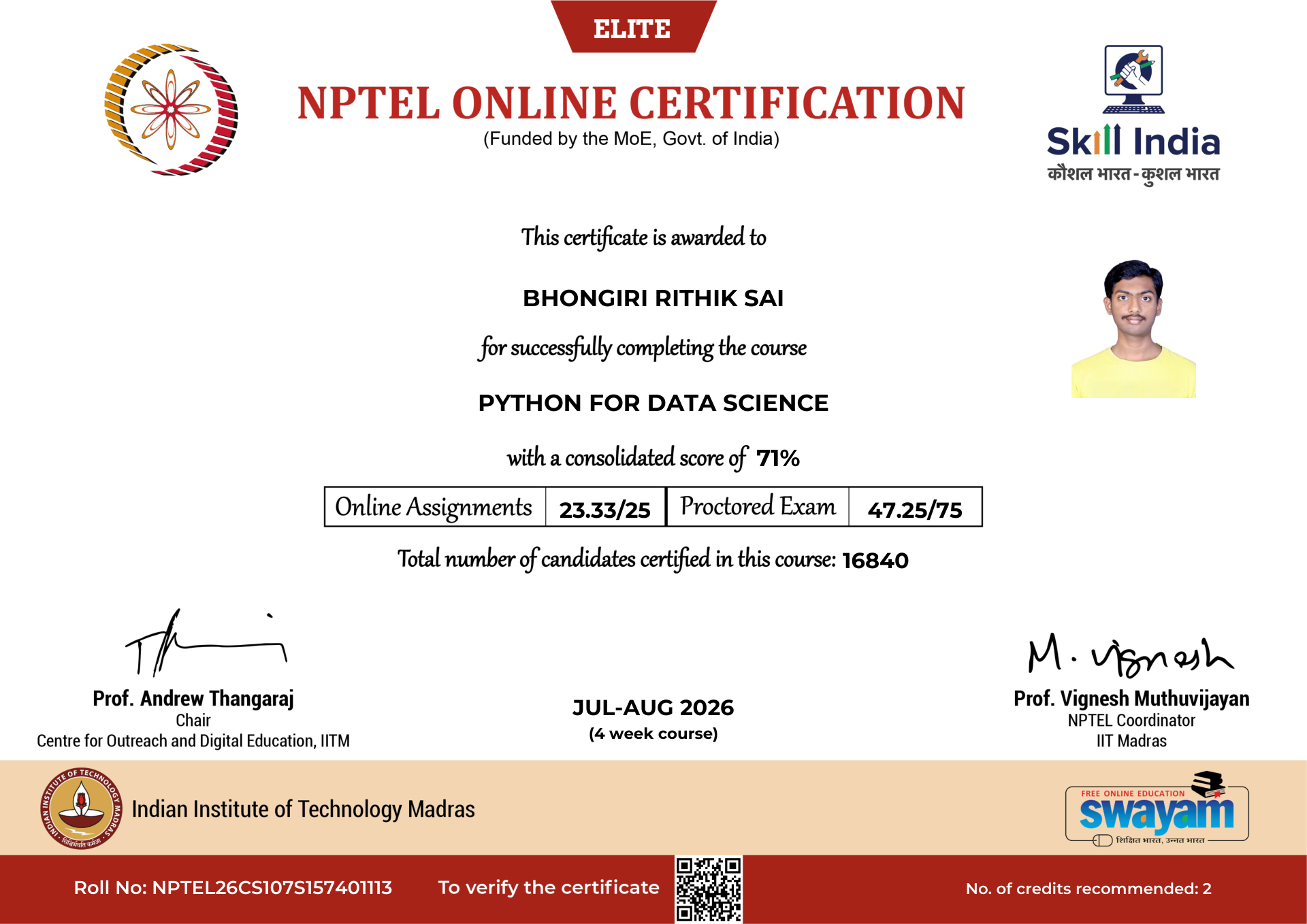 NPTEL Certificate NOC-4Q2X-D5FM-NG997