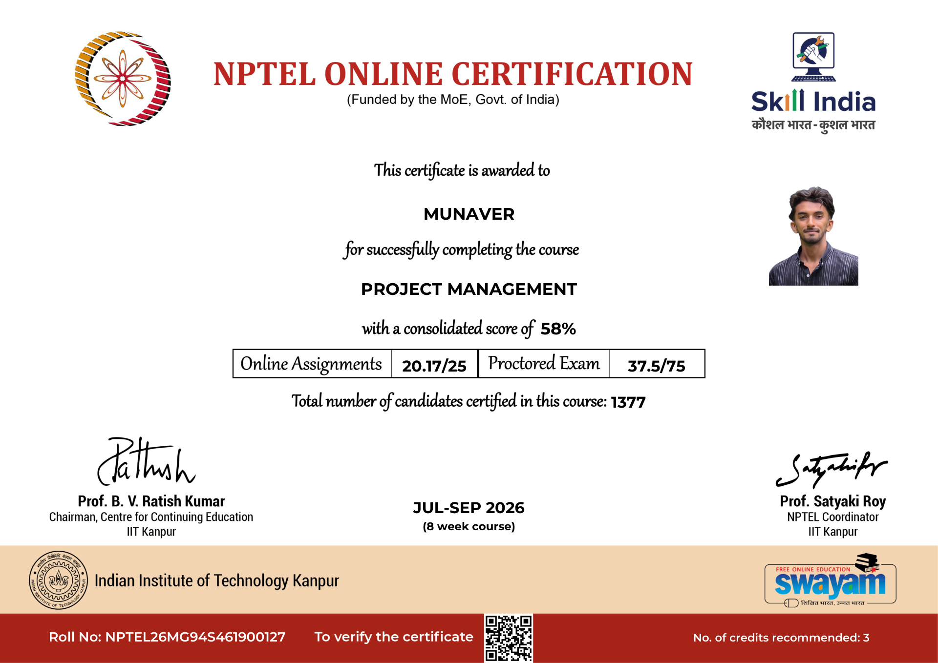 NPTEL Certificate NOC-4QZ7-B7RH-DT810