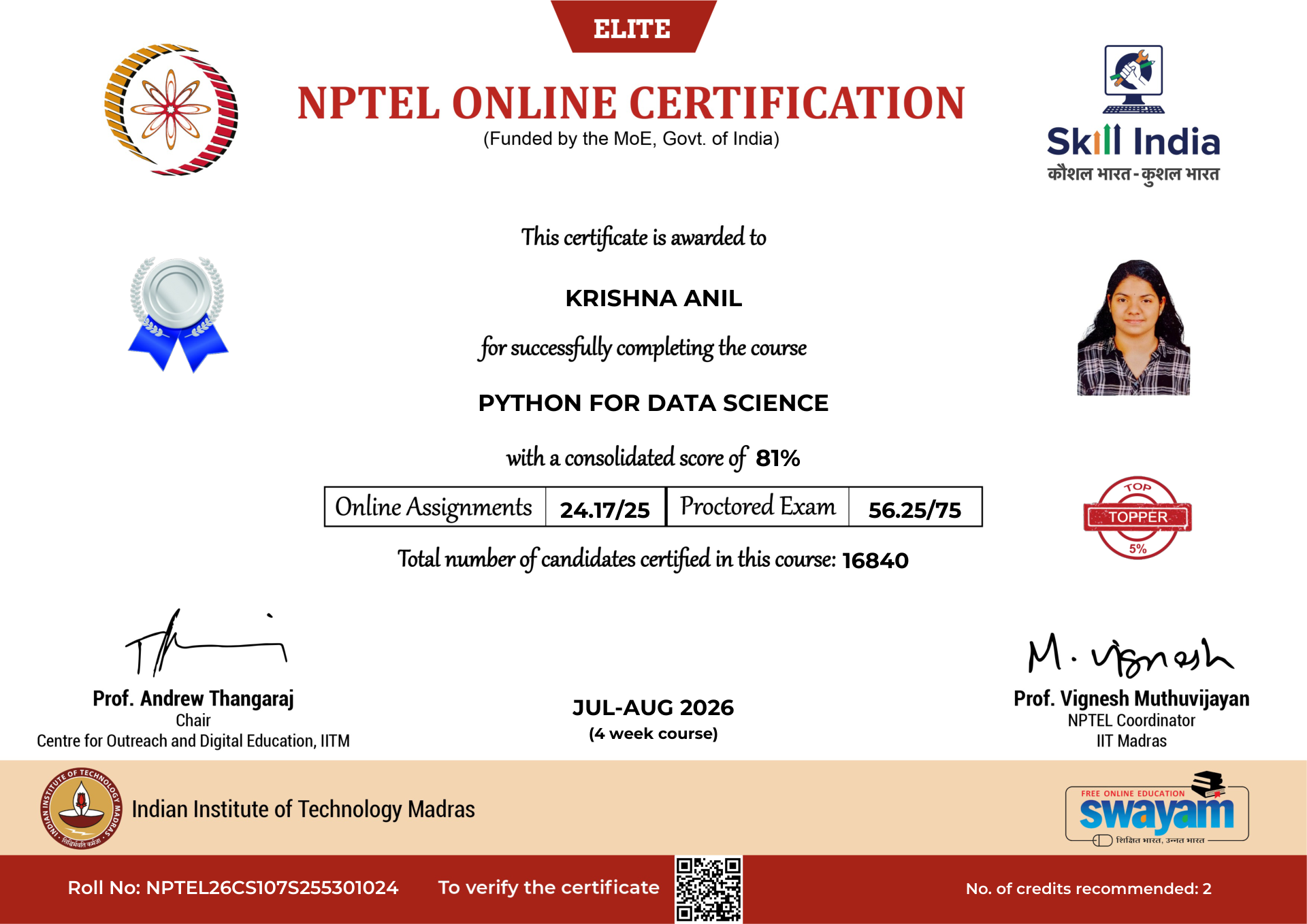 NPTEL Certificate NOC-4Z2Y-67E6-2ZE03