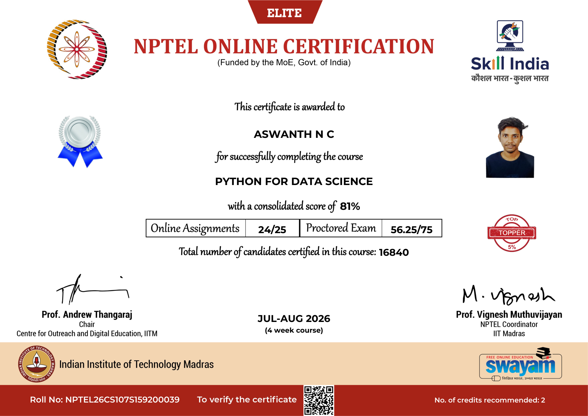 NPTEL Certificate NOC-5CKE-YD30-XVJ3B