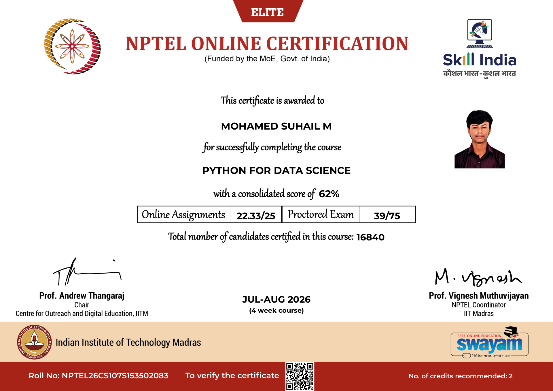 NPTEL Certificate NOC-5KYN-Q0YZ-JBFDE