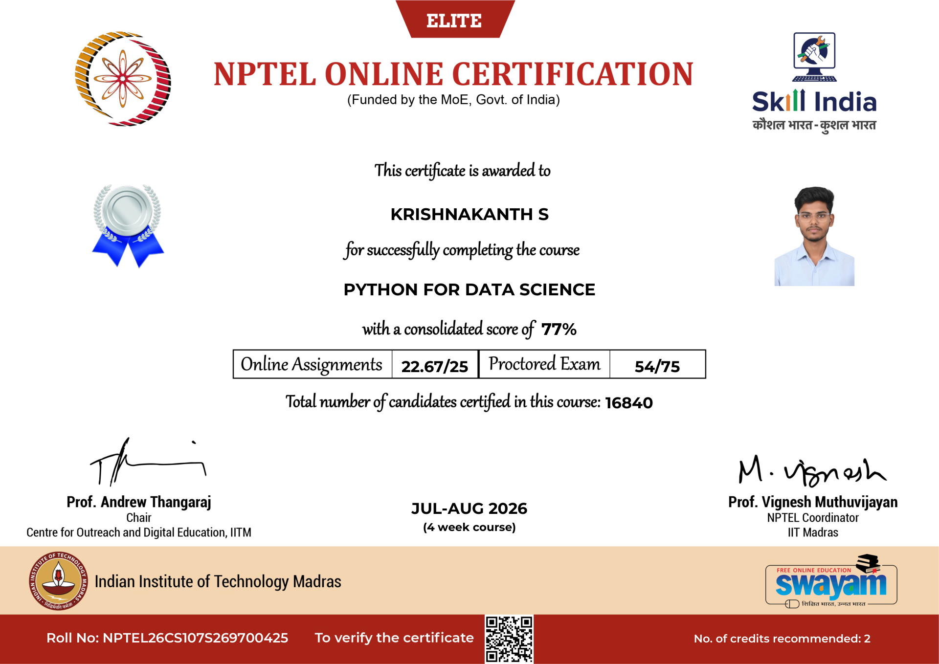 NPTEL Certificate NOC-5YDZ-V437-M07XM