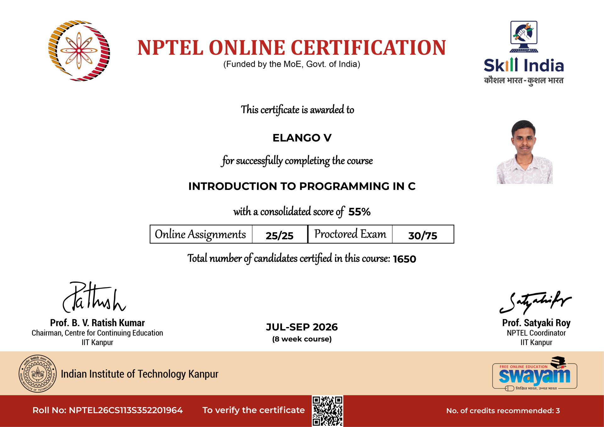 NPTEL Certificate NOC-8J0P-R5BG-0SHAV