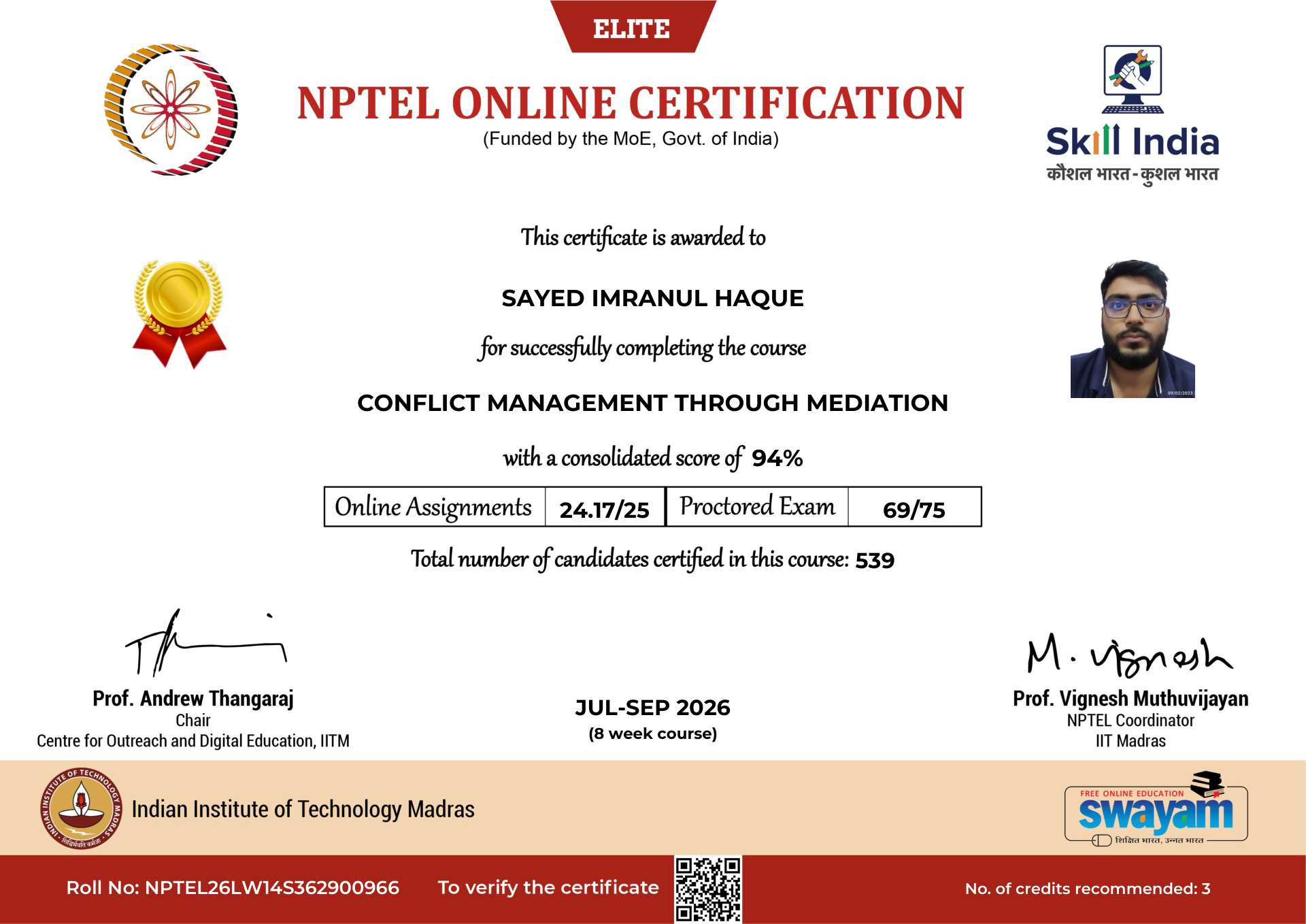 NPTEL Certificate NOC-B4XX-AT6Q-PGPJ5
