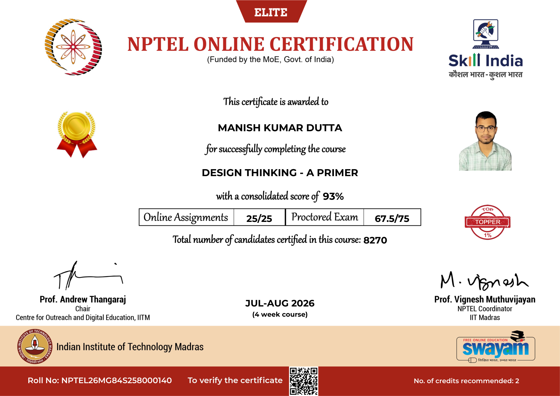 NPTEL Certificate NOC-DRPM-YWSW-MM6G1