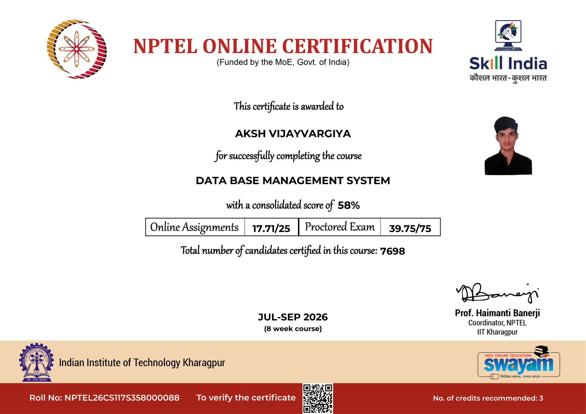 NPTEL Certificate NOC-E0KY-PF9Q-7J7MN