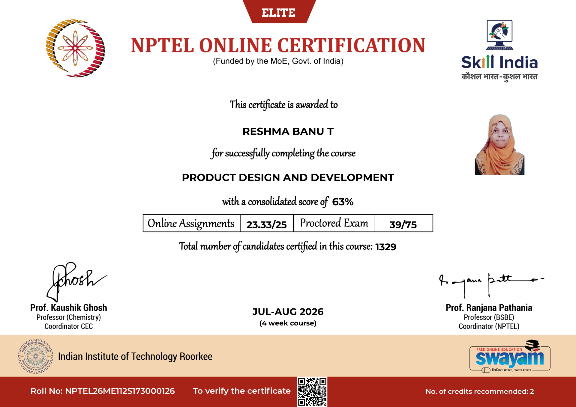 NPTEL Certificate NOC-ESTT-DPPT-QCSCP