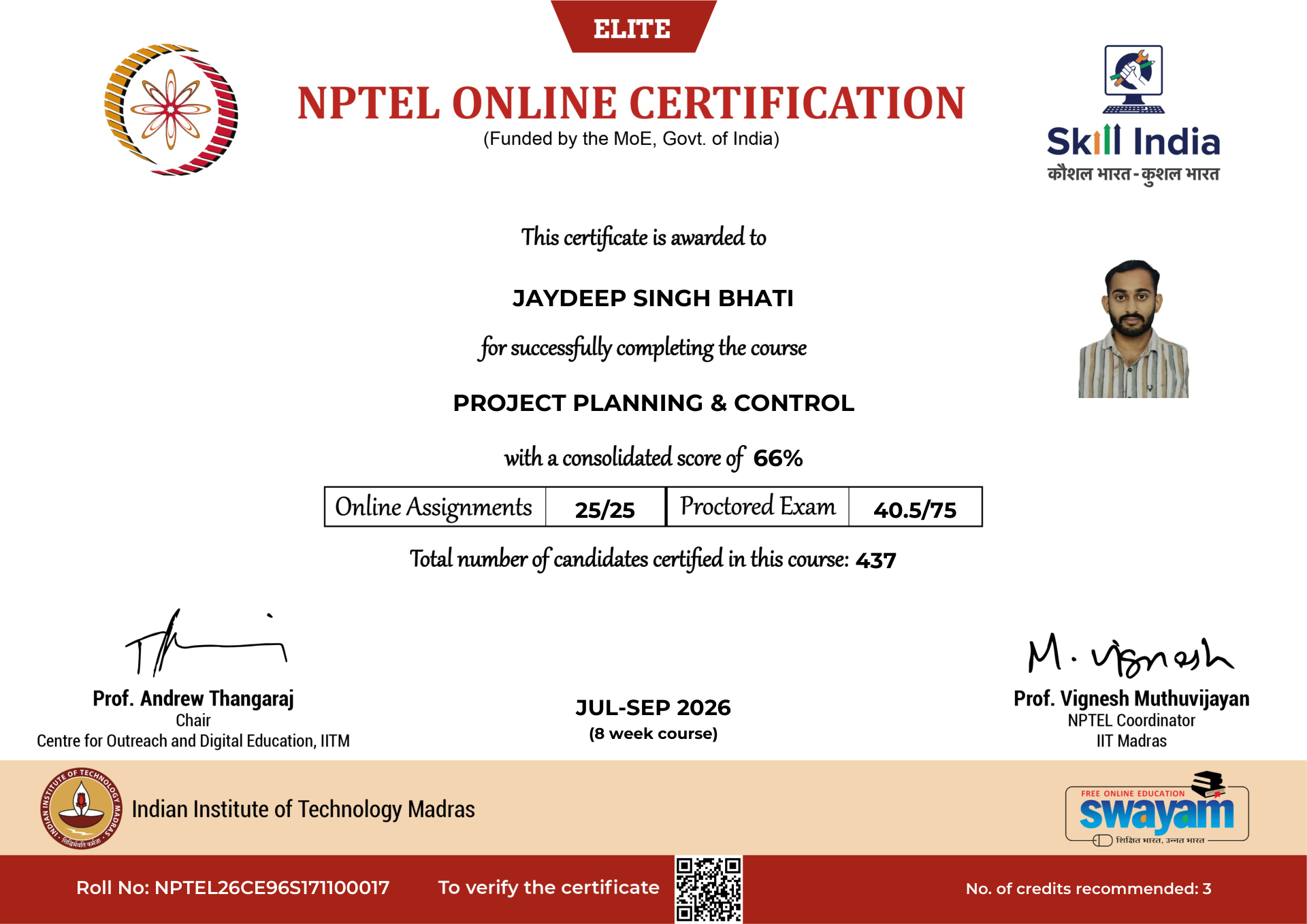 NPTEL Certificate NOC-EW2Z-NQ40-BW16C