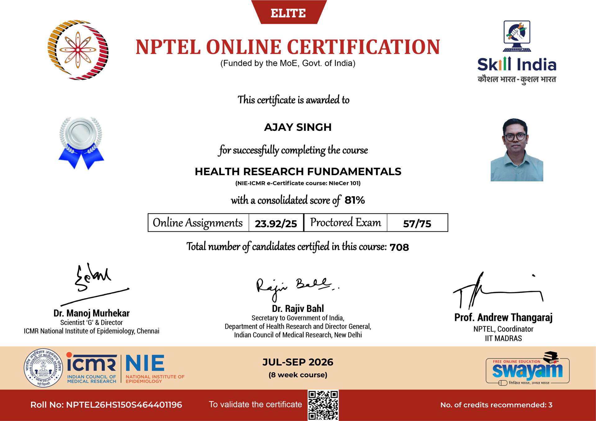 NPTEL Certificate NOC-FDC6-1Y6N-CJ750