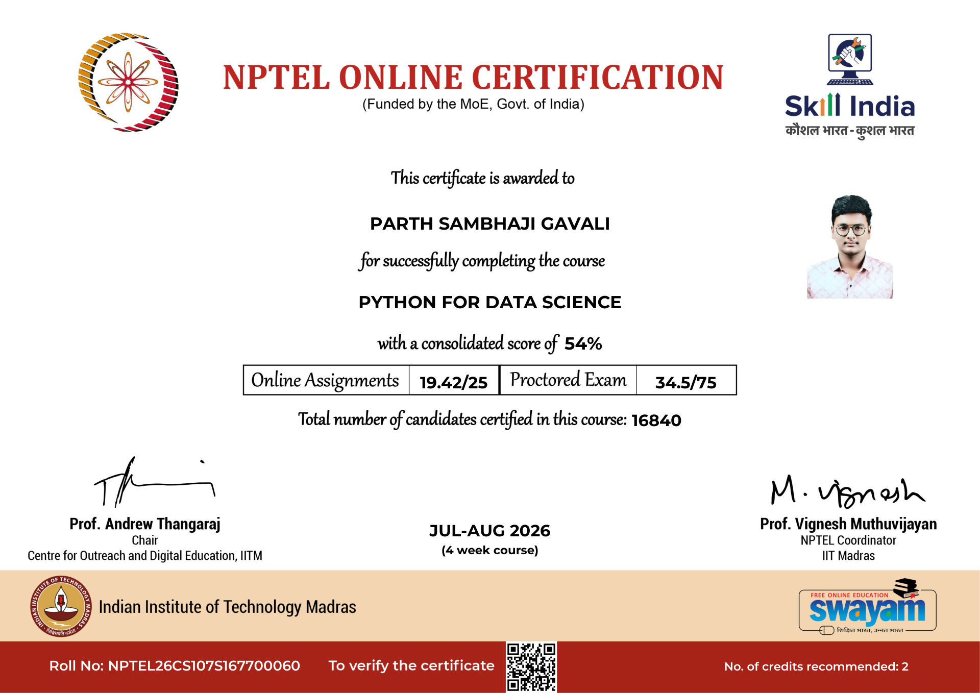 NPTEL Certificate NOC-FHMK-2DAZ-XYPY1