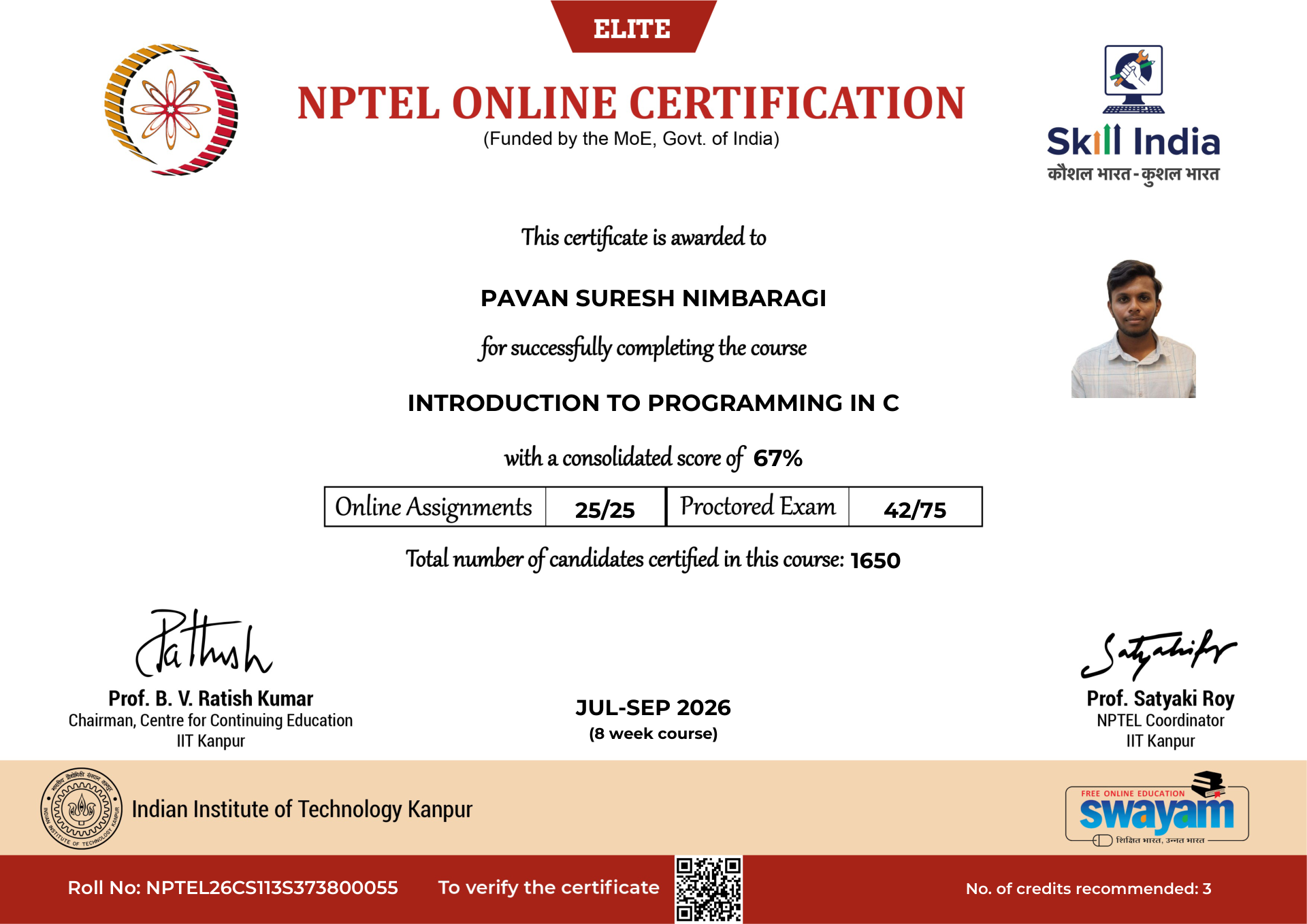 NPTEL Certificate NOC-G8T1-MFMA-103XS