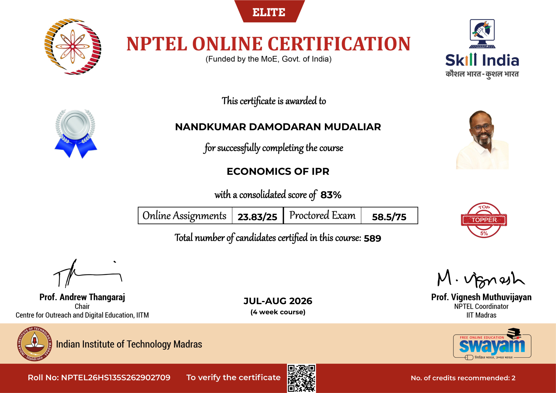NPTEL Certificate NOC-J8C6-VR0C-YMY0W