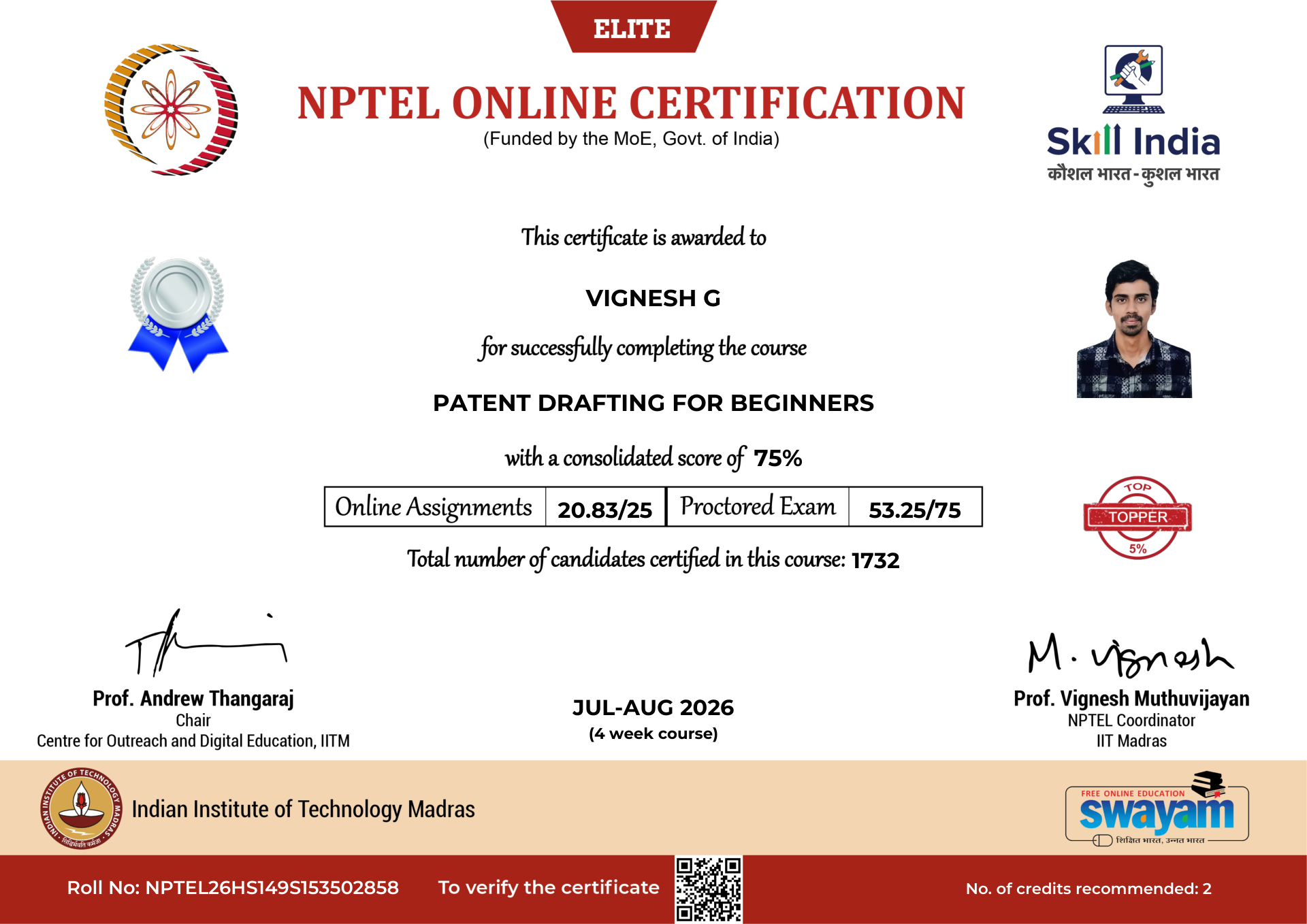 NPTEL Certificate NOC-Q3D2-FRM0-BYHV8