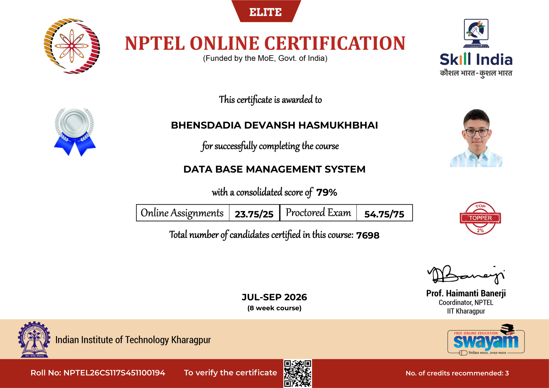 NPTEL Certificate NOC-TF6Y-B7XZ-NQCTC