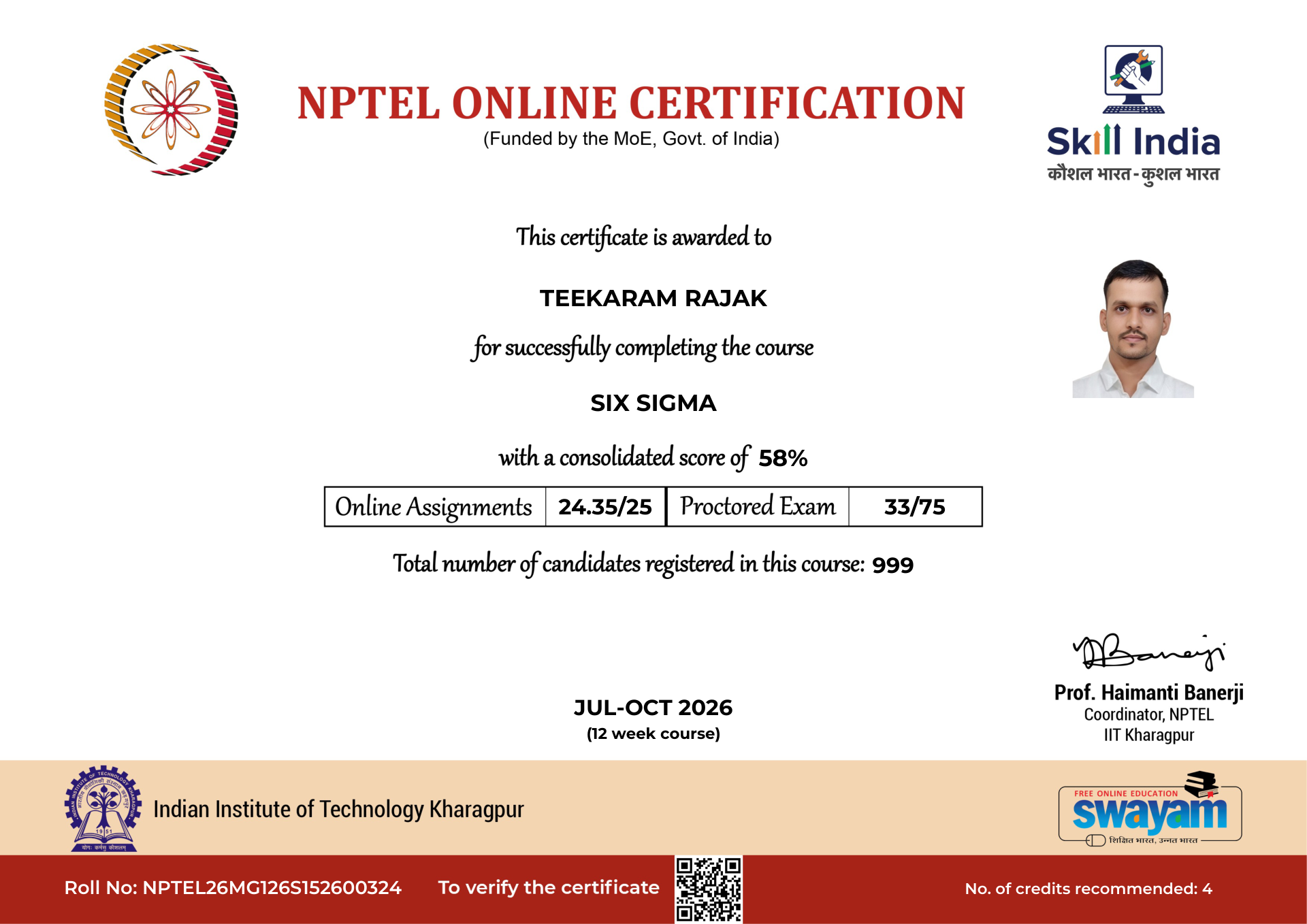 NPTEL Certificate NOC-W1AE-R6K1-YZ656