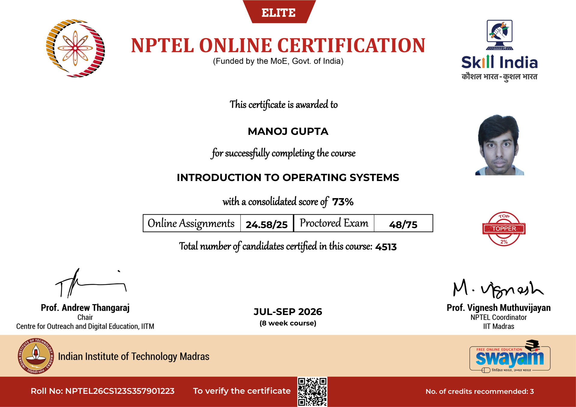 NPTEL Certificate NOC-WQ65-S6BW-5H2TA