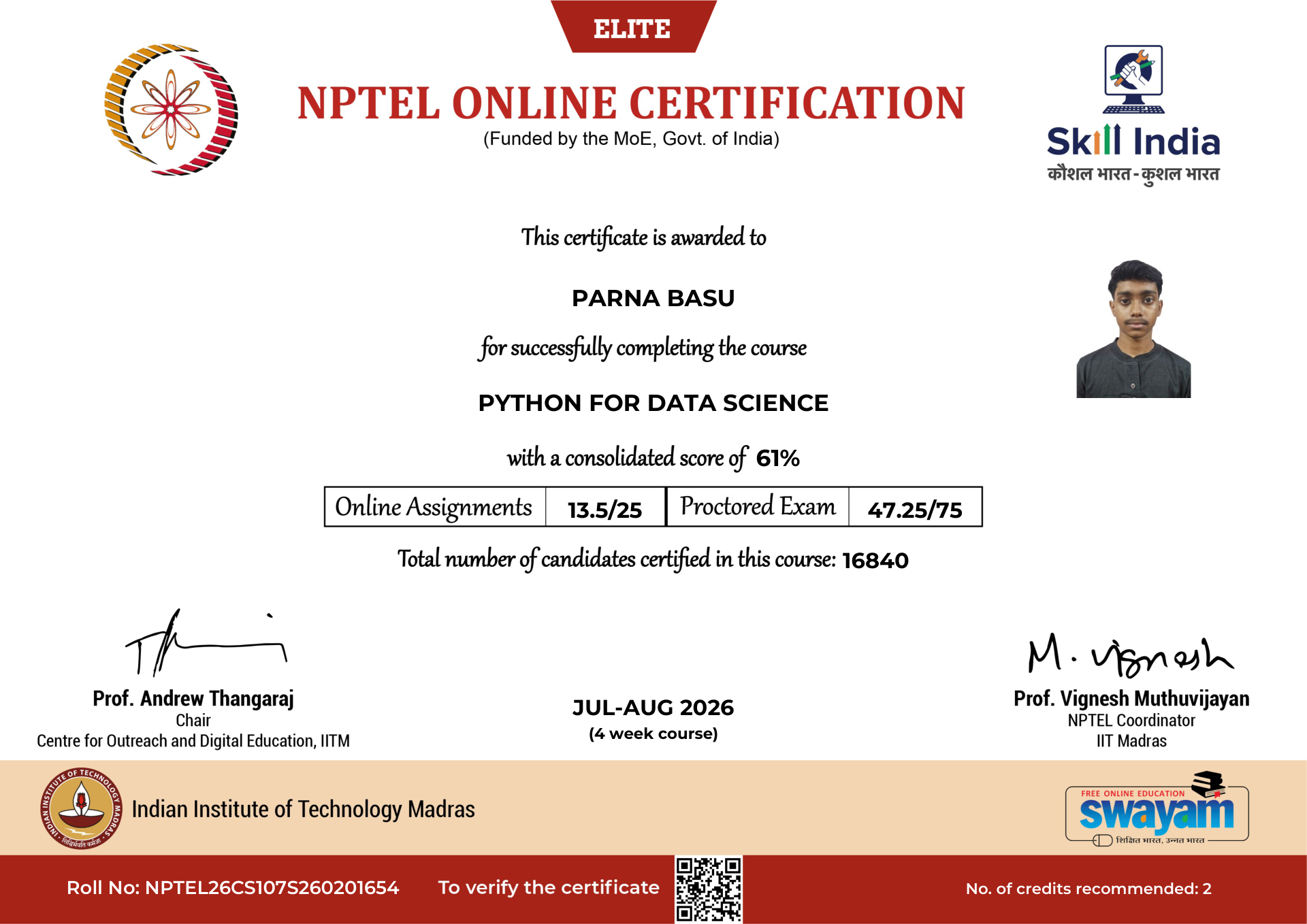 NPTEL Certificate NOC-X9W8-F77X-P6PBG