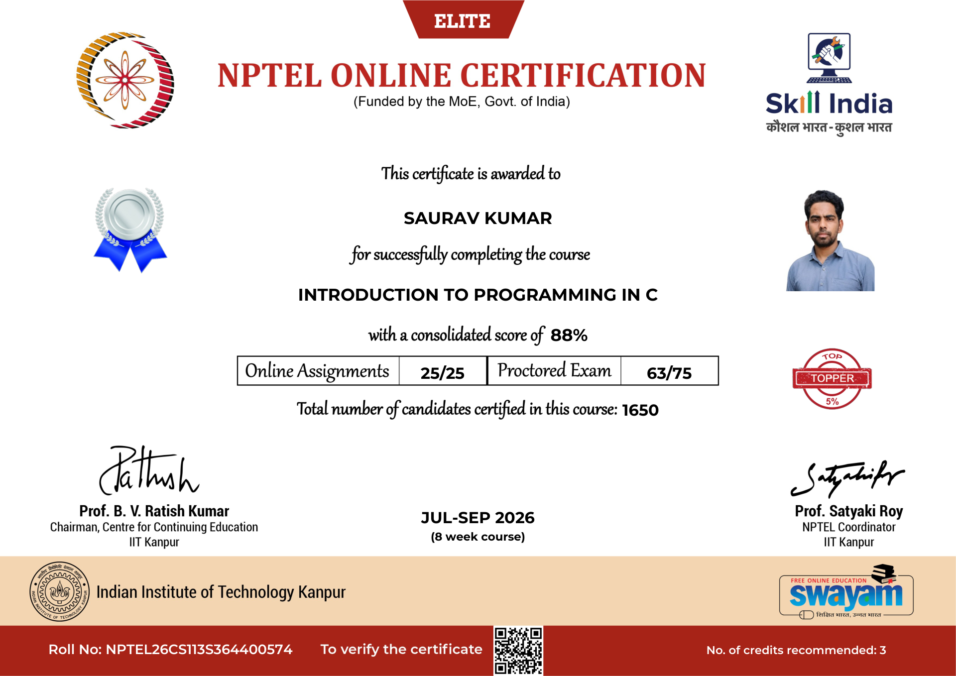 NPTEL Certificate NOC-XNKY-8J1Y-A8N17