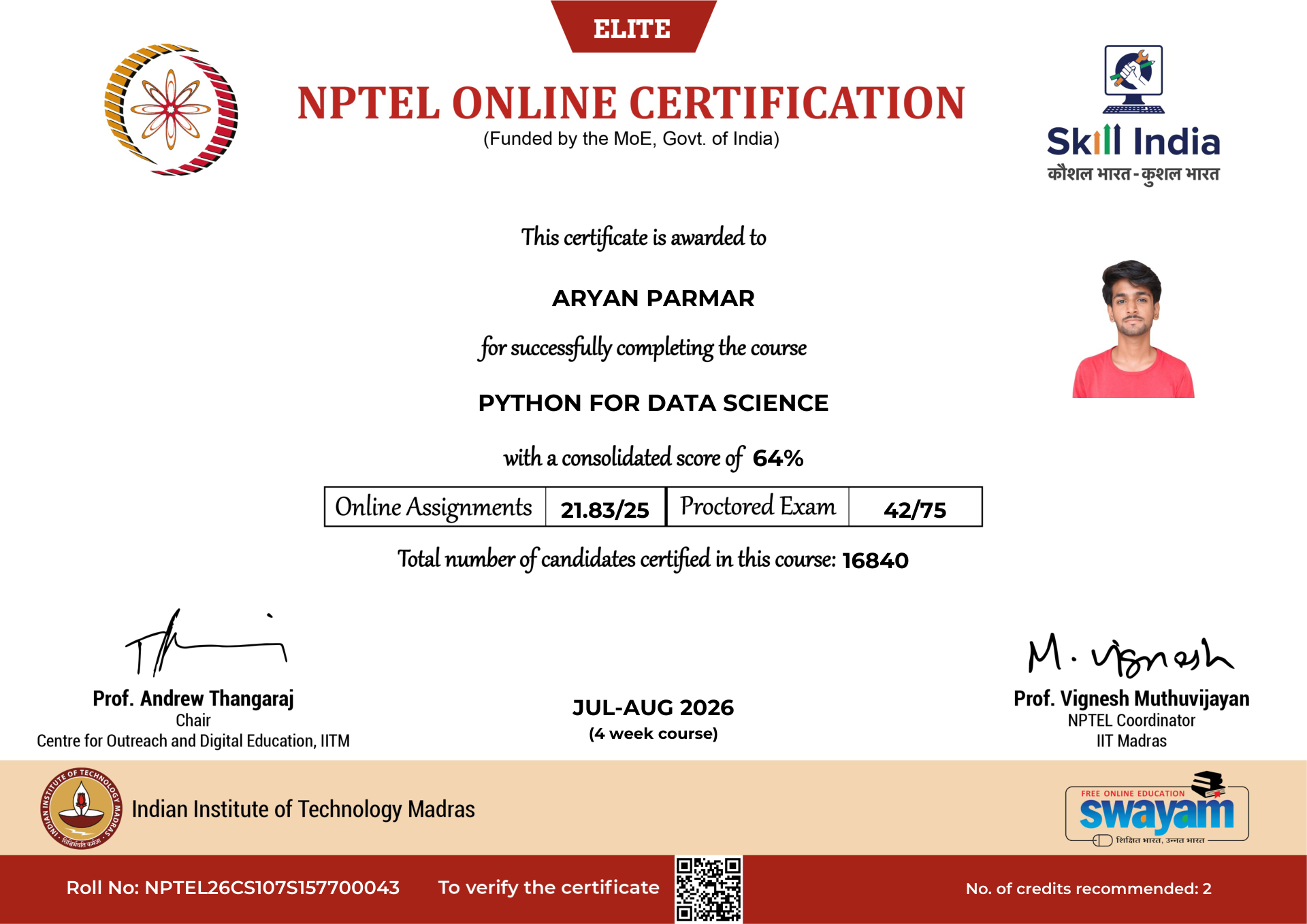 NPTEL Certificate NOC-YFC8-XB2K-YVT3Y